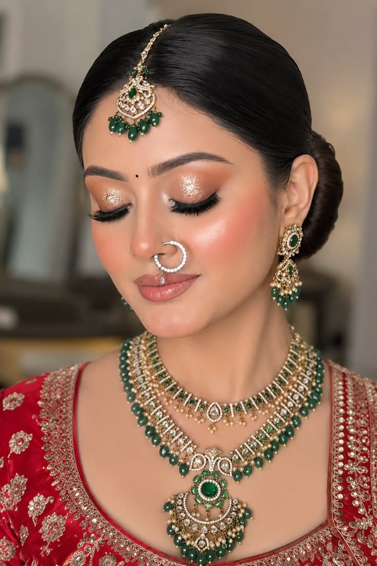 Emerald jewellery bridal makeup with nath in Lucknow — AAINA Salon Sadar