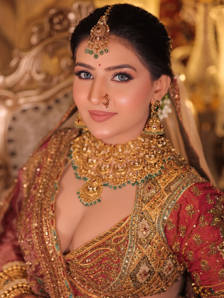 Gold bridal makeup close-up in Lucknow — HD airbrush finish by AAINA Salon