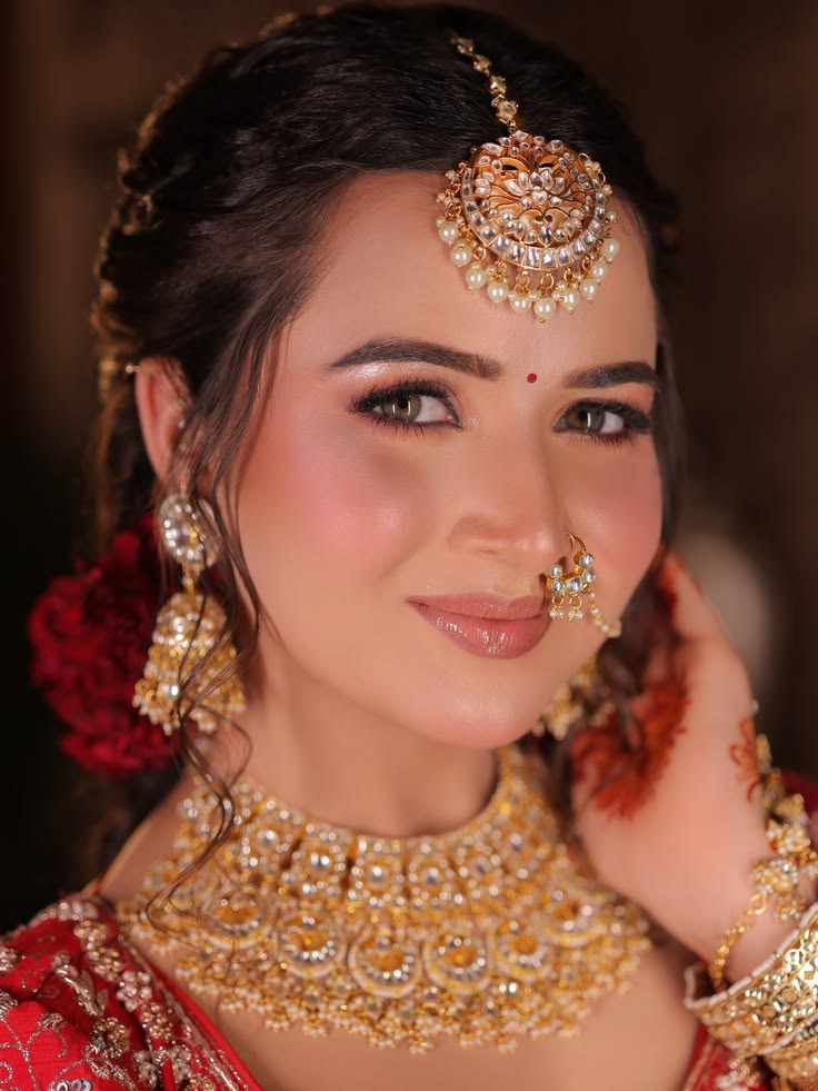 Pearl maang tikka bridal makeup in Lucknow — subtle bridal glam AAINA Salon