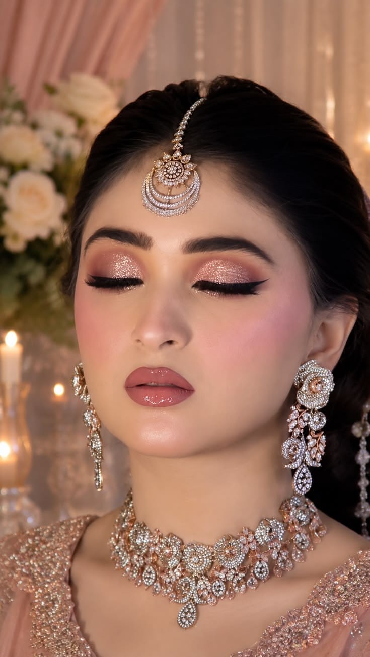 Rose gold glitter bridal eye makeup in Lucknow — reception glam by AAINA Salon